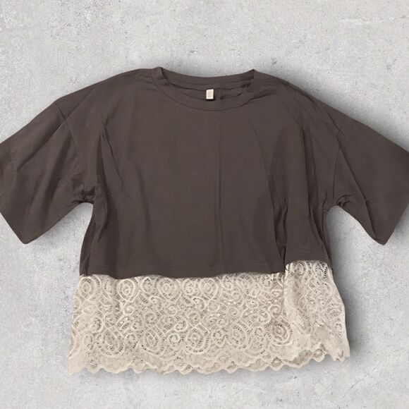 Tops - : : NEW Cropped Tee T-shirt with Lace Trim : :